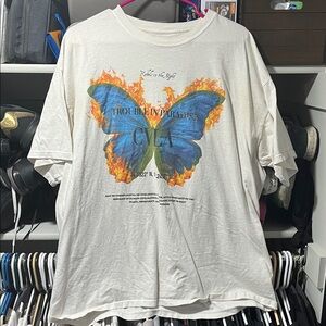 White Graphic Tee with Blue Butterfly Design